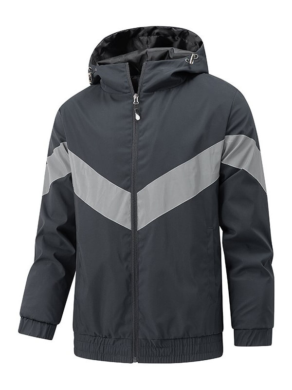 Stylish men's thin sports jacket with reflective strips, hooded design, SF0864, ideal for active wear, visibility, and comfort.